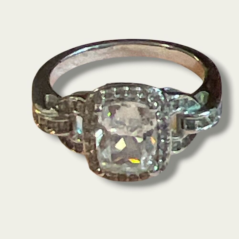 925 Sterling Silver Glass Stone Cushion Halo Split Shank Statement Ring Size 6